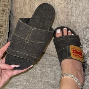 Black Denim Slide Sandals